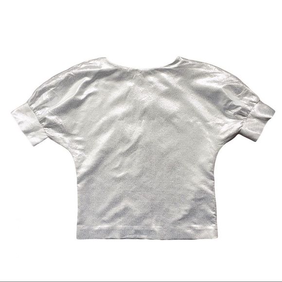 Anthropologie & Other Stories silver lamé short sleeve puff sleeve top size 4 - Picture 3 of 16